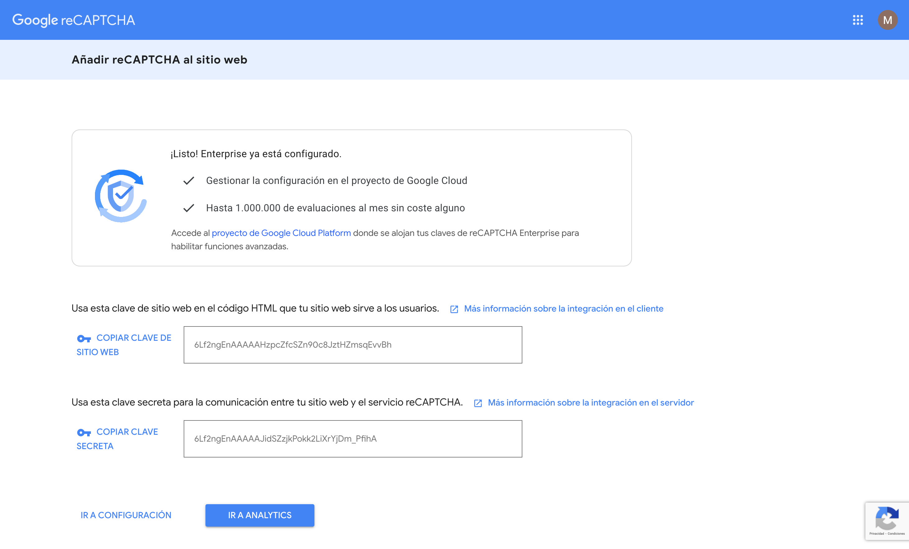 16. Obtener claves de reCAPTCHA