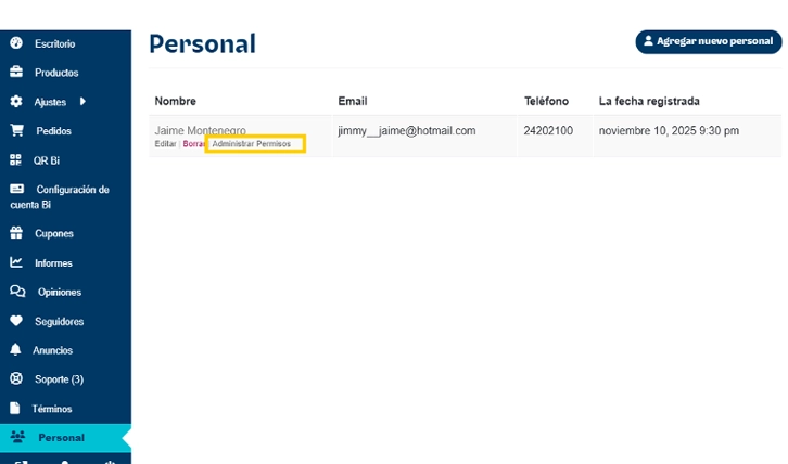 Administrar permisos